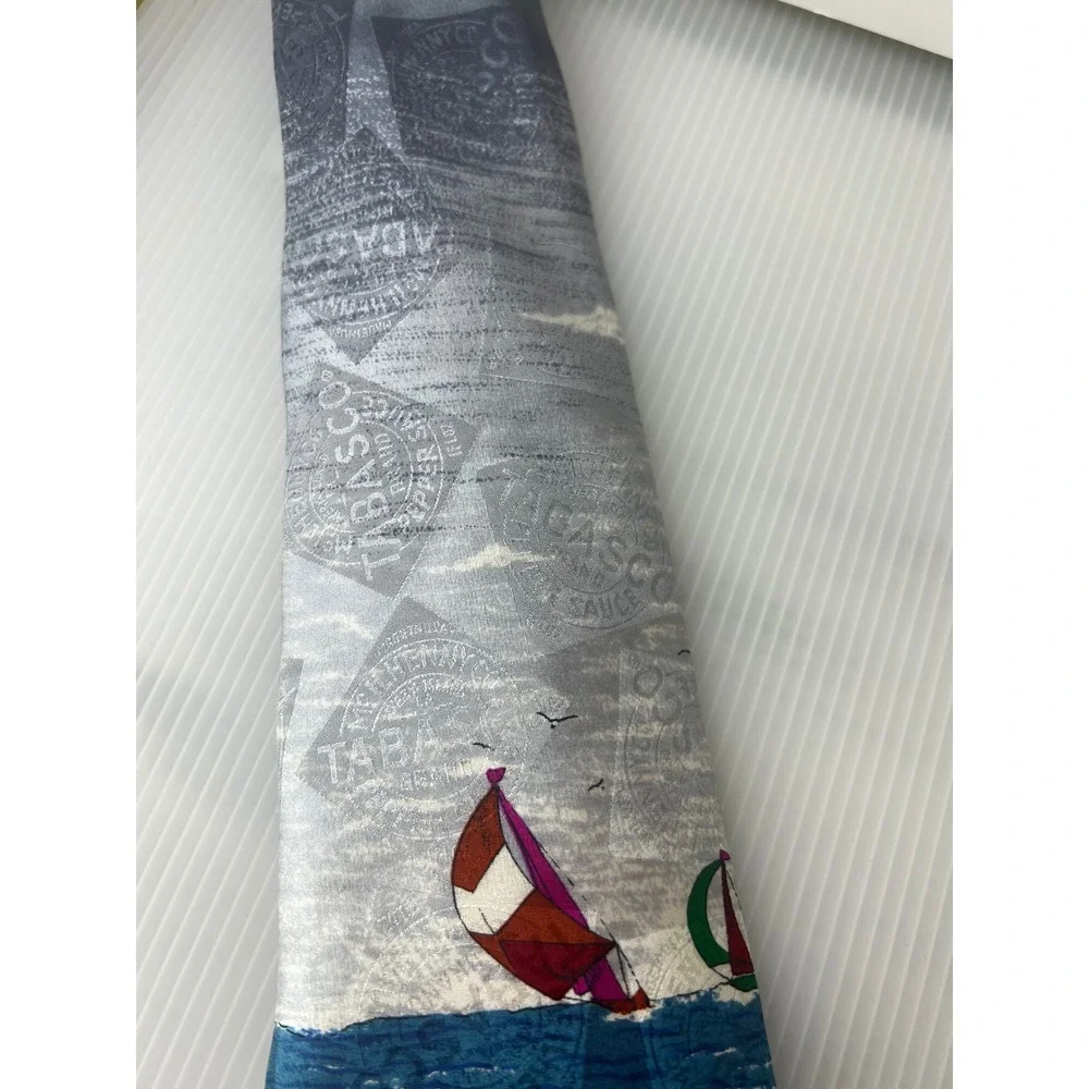 Tabasco Mens Silk Tie Beach Scene Sailboat Novelty Necktie Blue Grey Made in USA